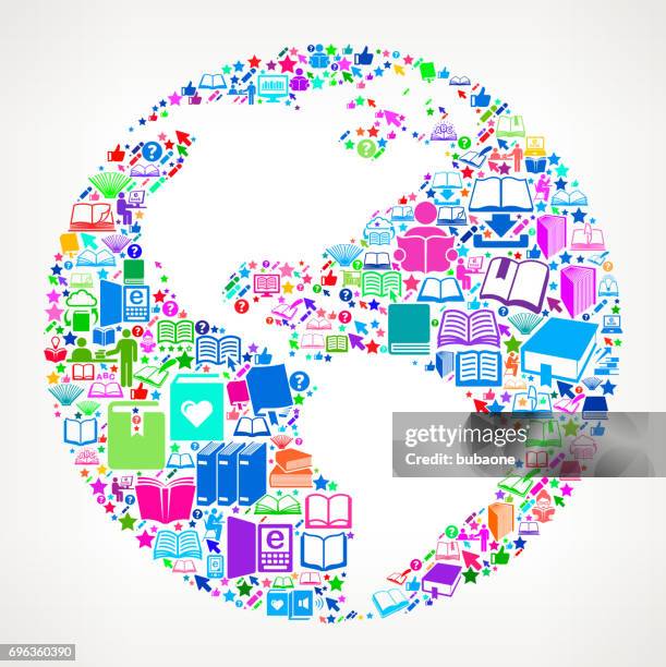 globe reading books and education vector icon background - library card stock illustrations