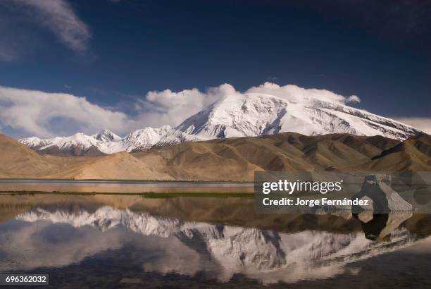 Mirror reflection of Mustagata mountain on the Karakul lake.