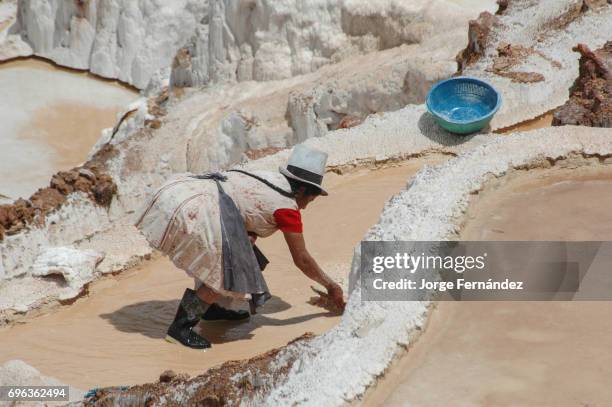 Peruvian woman with traditional hat and hairstyle working on the salt fields of Maras.