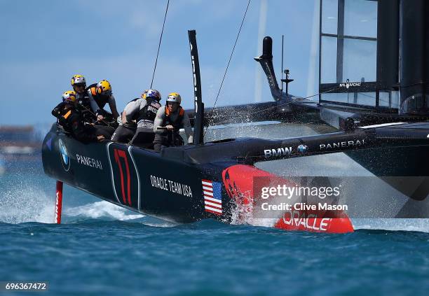 Oracle Team USA skippered by Jimmy Spithill in action during a training session ahead of the Americas Cup Match Presented by Louis Vuitton on June...