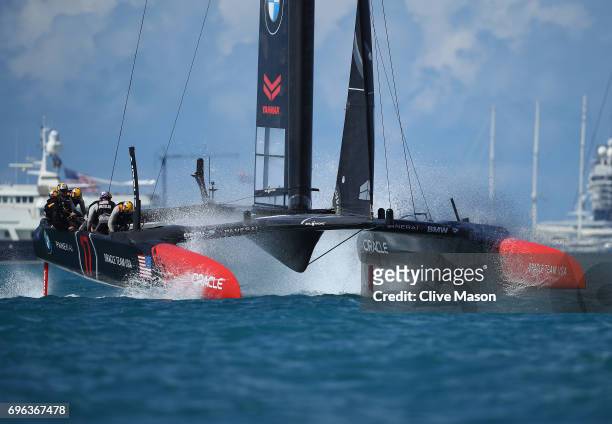 Oracle Team USA skippered by Jimmy Spithill in action during a training session ahead of the Americas Cup Match Presented by Louis Vuitton on June...