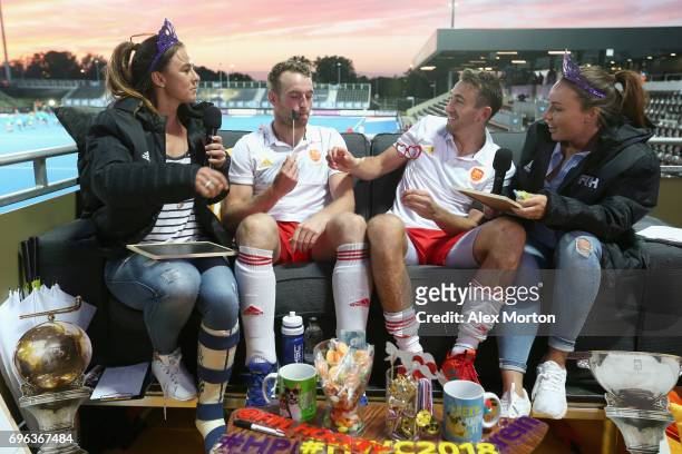 David Condon of England and Christopher Griffiths of England speak to members of the England Hockey media staff after the Hero Hockey World League...