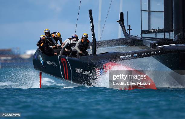 Oracle Team USA skippered by Jimmy Spithill in action during a training session ahead of the Americas Cup Match Presented by Louis Vuitton on June...