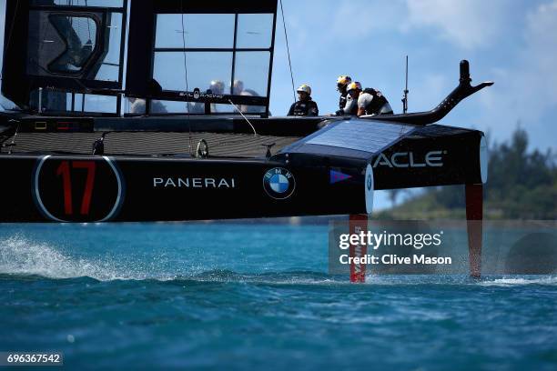 Oracle Team USA skippered by Jimmy Spithill in action during a training session ahead of the Americas Cup Match Presented by Louis Vuitton on June...