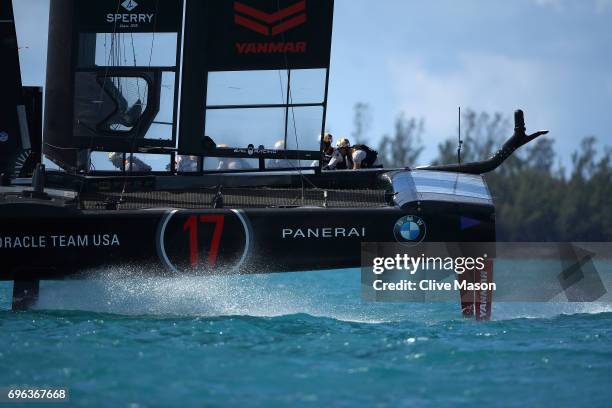 Oracle Team USA skippered by Jimmy Spithill in action during a training session ahead of the Americas Cup Match Presented by Louis Vuitton on June...