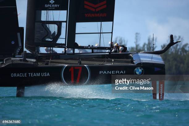 Oracle Team USA skippered by Jimmy Spithill in action during a training session ahead of the Americas Cup Match Presented by Louis Vuitton on June...