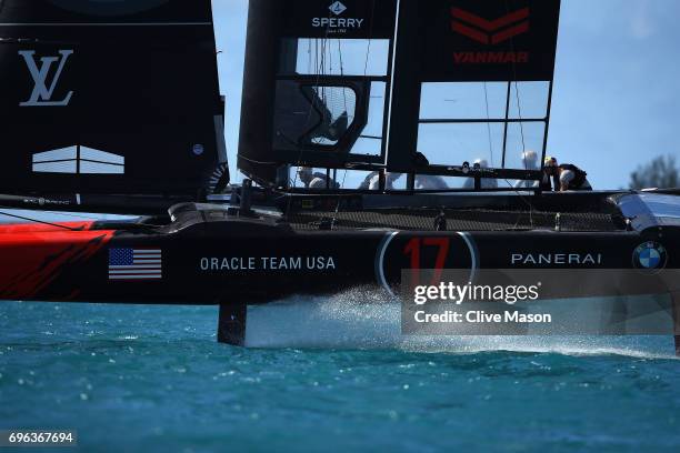 Oracle Team USA skippered by Jimmy Spithill in action during a training session ahead of the Americas Cup Match Presented by Louis Vuitton on June...