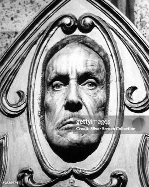 American actor Vincent Price plays the Magic Mirror in 'Snow White and the Seven Dwarfs', an episode of the television series 'Faerie Tale Theatre',...