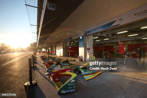 Overview of the garage of Audi Sport Abt Schaeffler Team during the Formula-E Championship 2017 on April 1, 2017 in Mexico City, Mexico.