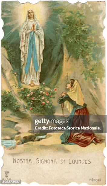 The Madonna appears in the cave and Bernadette on her knees contemplates ecstatic the apparition. The visions were eighteen and took place between 11...