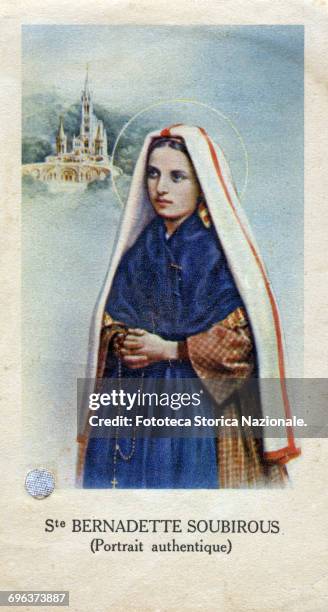 Saint Bernadette Soubirous, authentic portrait with relic . Our Lady appeared 18 times in 1858. Above is depicted the Sanctuary of Lourdes. Chromos,...