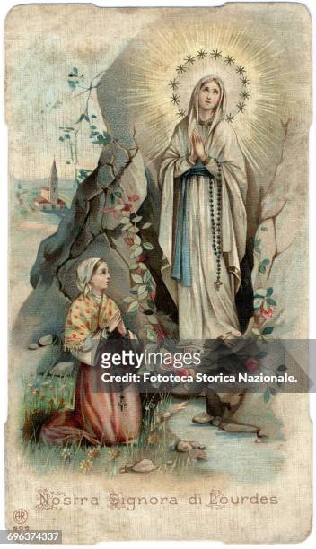 Little italian devotional image, depicting the moment of the apparition to Bernadette Soubirous in the cave of Massabieille, the February 11, 1858....