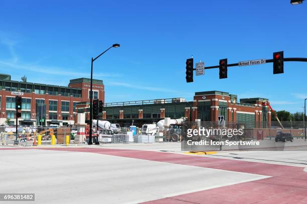 Construction continues on the Johnsonville Tailgate Village during Green Bay Packers mini camp at Clarke Hinkle Field on June 15, 2017 in Green Bay,...