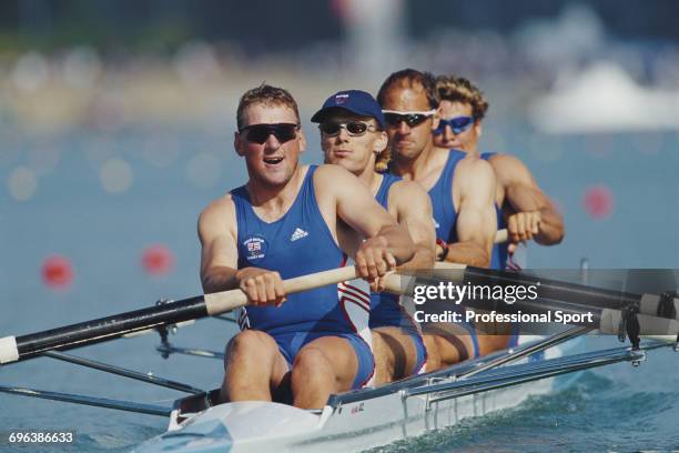 The Great Britain coxless four rowing team of, from front, Matthew Pinsent, Tim Foster, Steve Redgrave and James Cracknell pictured in action during...