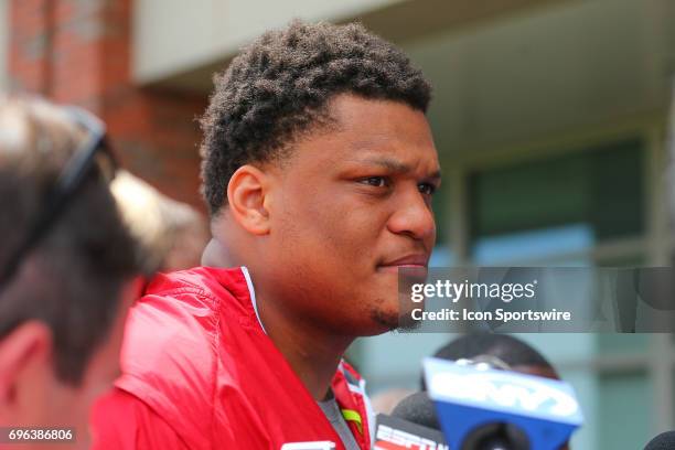 New York Giants offensive tackle Ereck Flowers is interviewed at the end of practice during New York Giants Mini Camp on June 14, 2017 at the Quest...