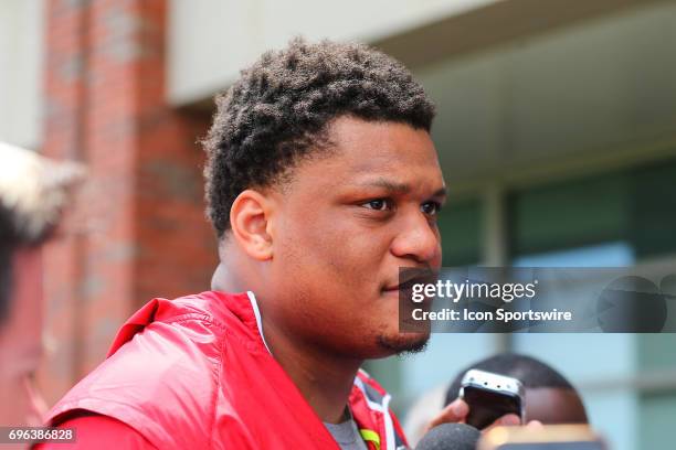 New York Giants offensive tackle Ereck Flowers is interviewed at the end of practice during New York Giants Mini Camp on June 14, 2017 at the Quest...