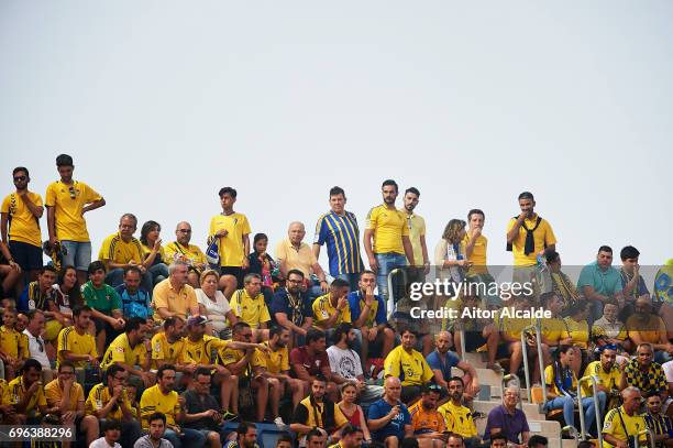 Fans of Cadiz FC support their team during La Liga Segunda Division between Cadiz CF and CD Tenerife at Estacio Ramon de Carranza on June 15, 2017 in...