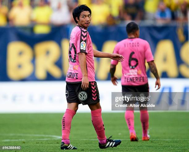 Gaku Shibasaki of CD Tenerife looks on during La Liga Segunda Division between Cadiz CF and CD Tenerife at Estacio Ramon de Carranza on June 15, 2017...