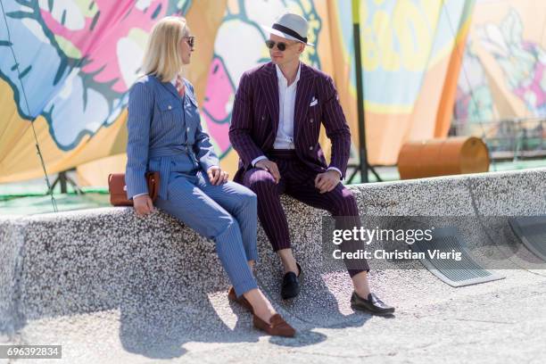 Couple Monika Kaminska wearing bespoke tailoring by Monika Kaminska, sirensuit chalkstripe pattern, fabric: Huddersfield Fine Worsteds, wool linen...