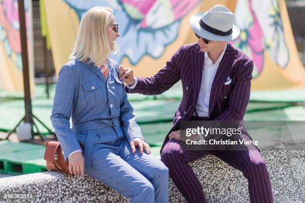 Couple Monika Kaminska wearing bespoke tailoring by Monika Kaminska, sirensuit chalkstripe pattern, fabric: Huddersfield Fine Worsteds, wool linen...