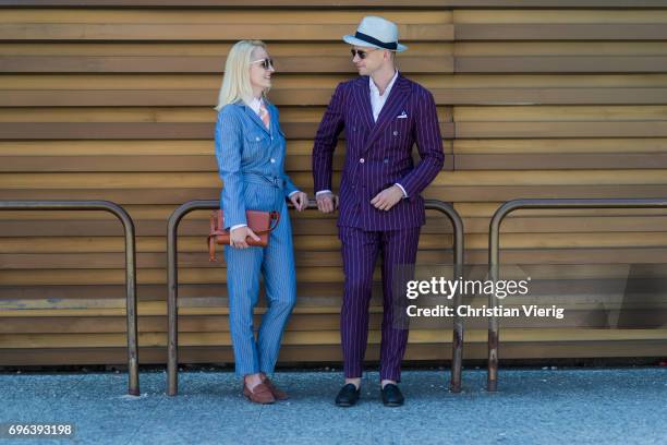 Couple Monika Kaminska wearing bespoke tailoring by Monika Kaminska, sirensuit chalkstripe pattern, fabric: Huddersfield Fine Worsteds, wool linen...