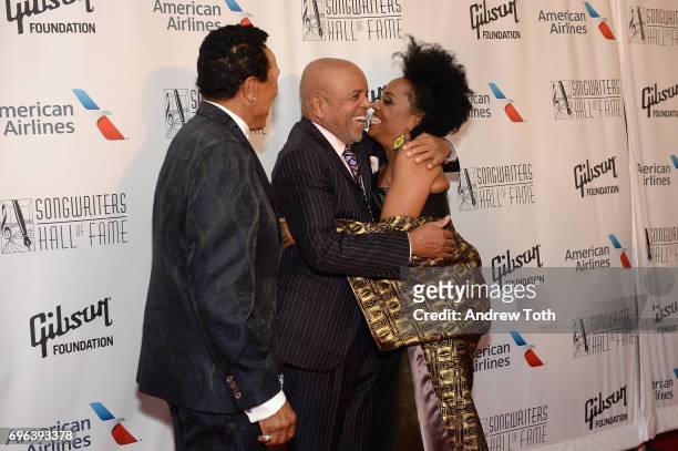 Smokey Robinson, 2017 Inductee Berry Gordy, and Rhonda Ross Kendrick attend the Songwriters Hall Of Fame 48th Annual Induction and Awards at New York...