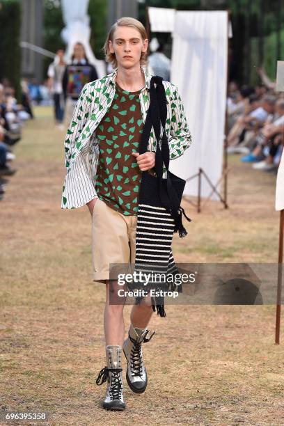 Model walks the runway at the JW Anderson SS18 show during 92. Pitti Immagine Uomo on June 14, 2017 in Florence, Italy.