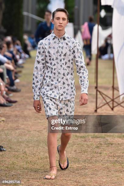 Model walks the runway at the JW Anderson SS18 show during 92. Pitti Immagine Uomo on June 14, 2017 in Florence, Italy.