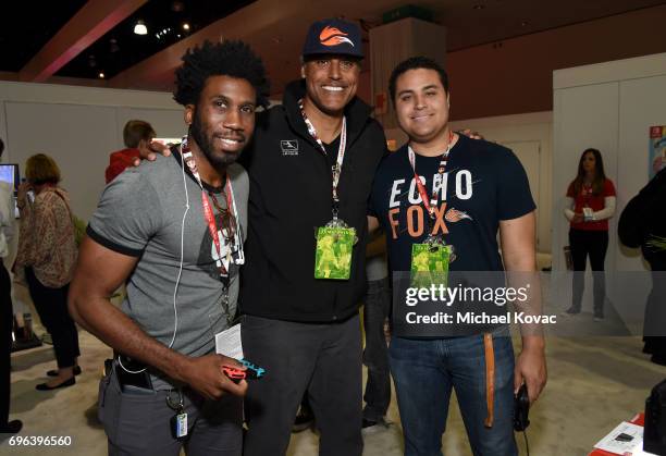 Actor Nyambi Nyambi, basketball player Rick Fox and Kyle Fox visit the Nintendo booth at the 2017 E3 Gaming Convention at Los Angeles Convention...