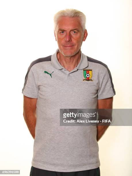 Hugo Broos the coach of Cameroon during a portrait shoot ahead of the FIFA Confederations Cup Russia 2017 at the Renaissance Monarch Hotel on June...