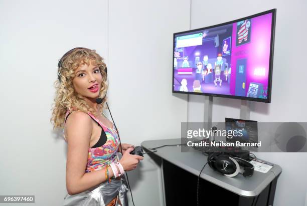 Actor Ashley Rickards plays South Park: The Fractured But Whole during E3 2017 at Los Angeles Convention Center on June 15, 2017 in Los Angeles,...