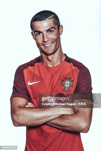 Cristiano Ronaldo poses for a picture during the Portugal team portrait session on June 15, 2017 in Kazan, Russia.