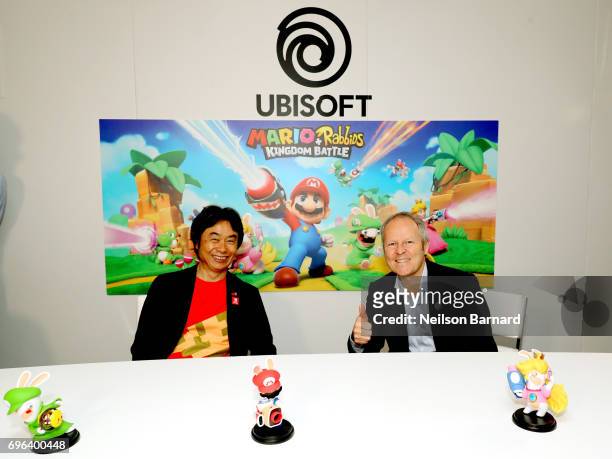 Nintendo co-Representative Director and Creative Fellow Shigeru Miyamoto and Ubisoft Co-founder and CEO Yves Guillemot attend E3 2017 at Los Angeles...