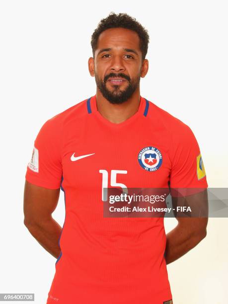 Jean Beausejour of Chile during a portrait session ahead of the FIFA Confederations Cup Russia 2017 at the Crowne Plaza Hotel on June 15, 2017 in...