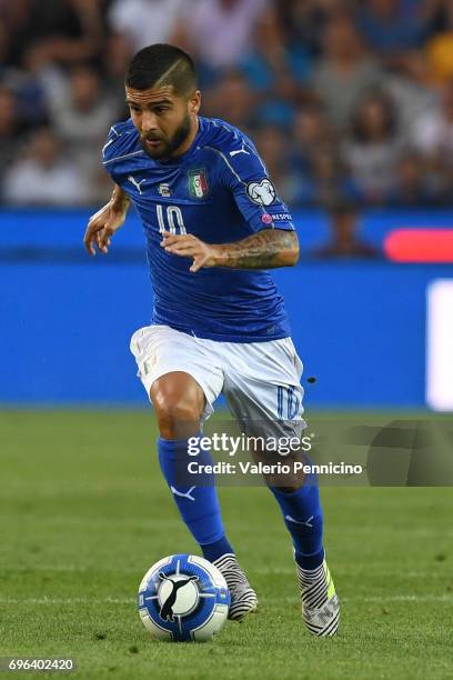 Lorenzo Insigne of Italy in action during the FIFA 2018 World Cup Qualifier between Italy and Liechtenstein at Stadio Friuli on June 11, 2017 in...