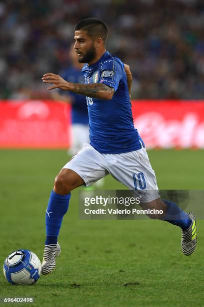 Lorenzo Insigne of Italy in action during the FIFA 2018 World Cup Qualifier between Italy and Liechtenstein at Stadio Friuli on June 11, 2017 in...