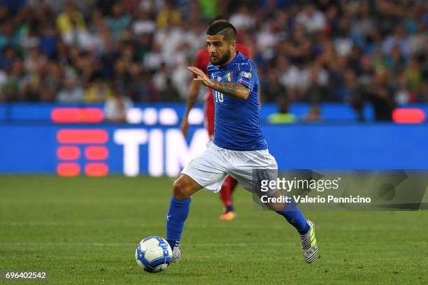 Lorenzo Insigne of Italy in action during the FIFA 2018 World Cup Qualifier between Italy and Liechtenstein at Stadio Friuli on June 11, 2017 in...