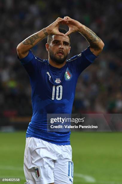 Lorenzo Insigne of Italy celebrates the opening goal during the FIFA 2018 World Cup Qualifier between Italy and Liechtenstein at Stadio Friuli on...