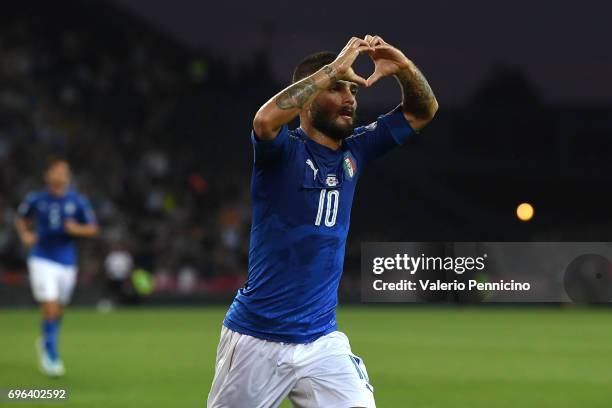 Lorenzo Insigne of Italy celebrates the opening goal during the FIFA 2018 World Cup Qualifier between Italy and Liechtenstein at Stadio Friuli on...