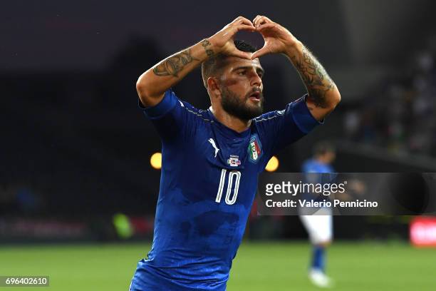 Lorenzo Insigne of Italy celebrates the opening goal during the FIFA 2018 World Cup Qualifier between Italy and Liechtenstein at Stadio Friuli on...
