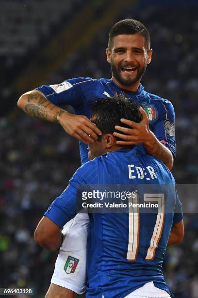 Citadin Martins Eder of Italy celebrates a goal with team mate Lorenzo Insigne during the FIFA 2018 World Cup Qualifier between Italy and...