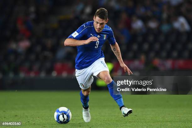 Andrea Belotti of Italy in action during the FIFA 2018 World Cup Qualifier between Italy and Liechtenstein at Stadio Friuli on June 11, 2017 in...