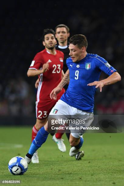 Andrea Belotti of Italy in action during the FIFA 2018 World Cup Qualifier between Italy and Liechtenstein at Stadio Friuli on June 11, 2017 in...