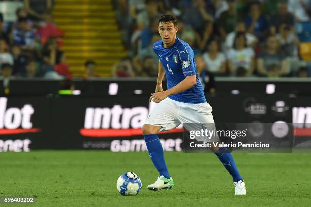 Matteo Darmian of Italy in action during the FIFA 2018 World Cup Qualifier between Italy and Liechtenstein at Stadio Friuli on June 11, 2017 in...