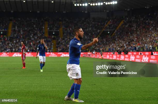 Lorenzo Insigne of Italy celebrates the opening goal during the FIFA 2018 World Cup Qualifier between Italy and Liechtenstein at Stadio Friuli on...