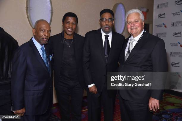 Chairman Leon Huff, 2017 Inductee Kenneth Babyface Edmonds, Chairman Kenneth Gamble and Sony Music CEO Martin Bandier pose backstage at the...