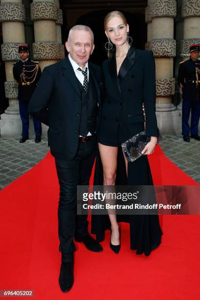 Jean-Paul Gaultier and Egeria of the Fragrance Vanessa Axente attend the Jean-Paul Gaultier "Scandal" Fragrance Launch at Hotel de Behague on June...