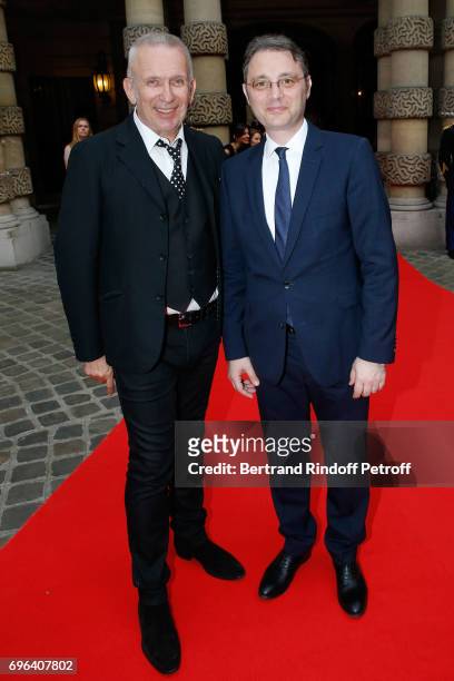 Jean-Paul Gaultier and Ambassador of Romania to France Luca Niculescu attend the Jean-Paul Gaultier "Scandal" Fragrance Launch at Hotel de Behague on...