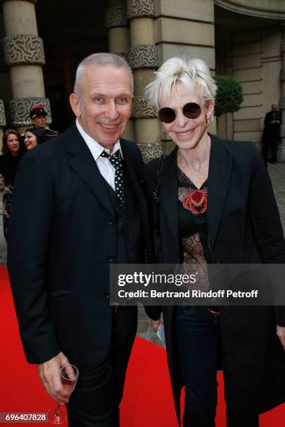 Jean-Paul Gaultier and actress Tonie Marshall attend the Jean-Paul Gaultier "Scandal" Fragrance Launch at Hotel de Behague on June 15, 2017 in Paris,...