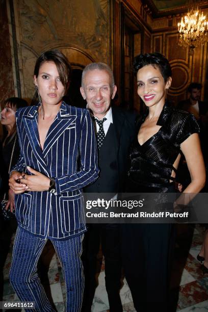 Egeria of the Fragrance Tamy Glauser, Jean-Paul Gaultier and Farida Khelfa Seydoux attend the Jean-Paul Gaultier "Scandal" Fragrance Launch at Hotel...